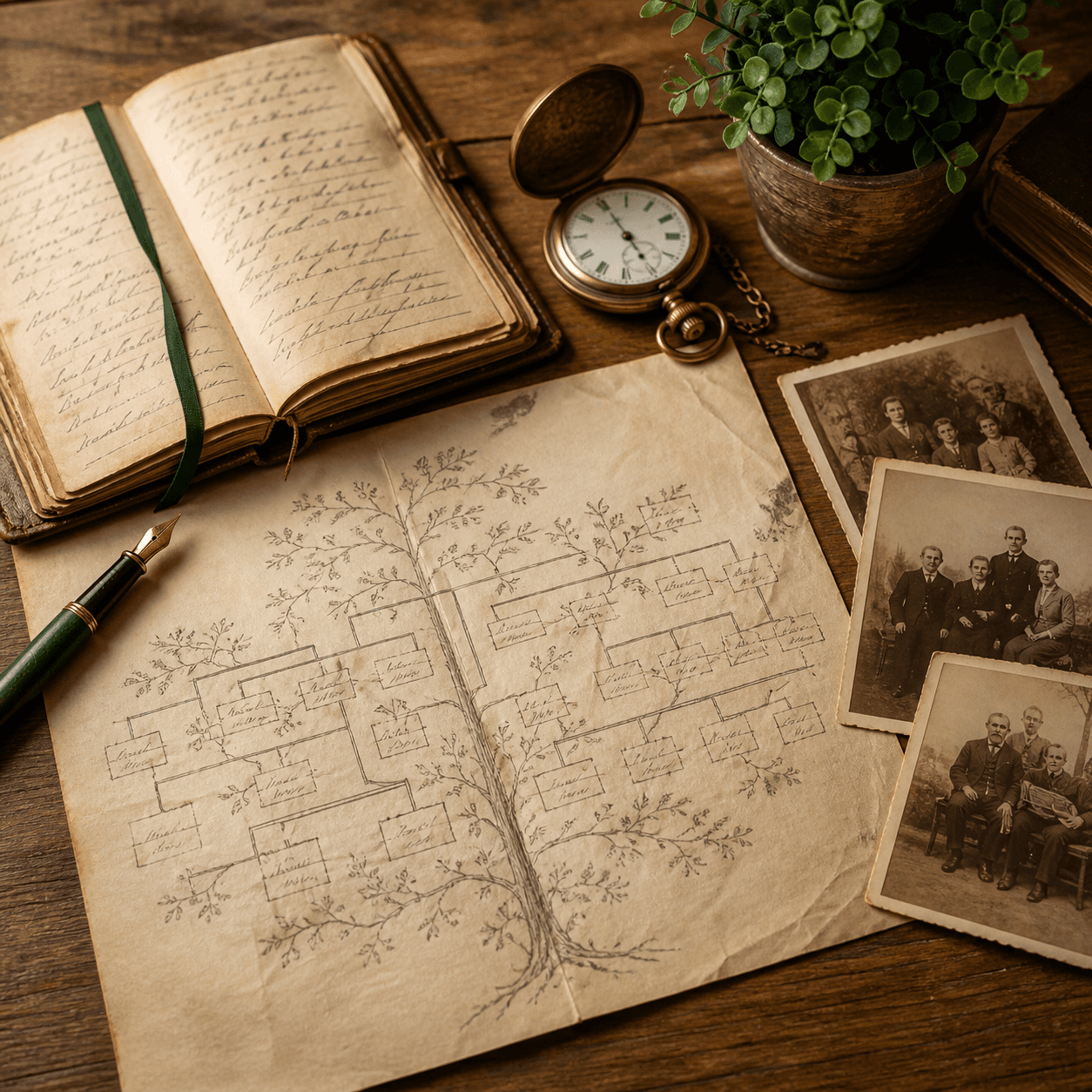 Een oude kwartierstaat, sepia familiefoto's, een dagboek en een zakhorloge op een houten bureau